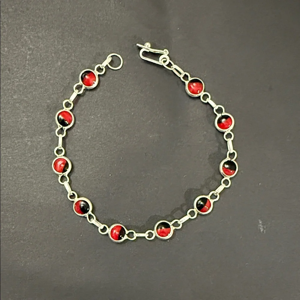 950 Sterling Silver Huayruro Seeds Peruvian Bracelet 7.5 In